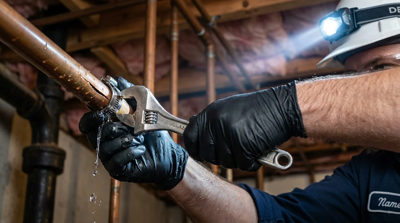 Emergency pipe clamp repair being performed by a Johns Plumbing LLC plumber in McKeesport
