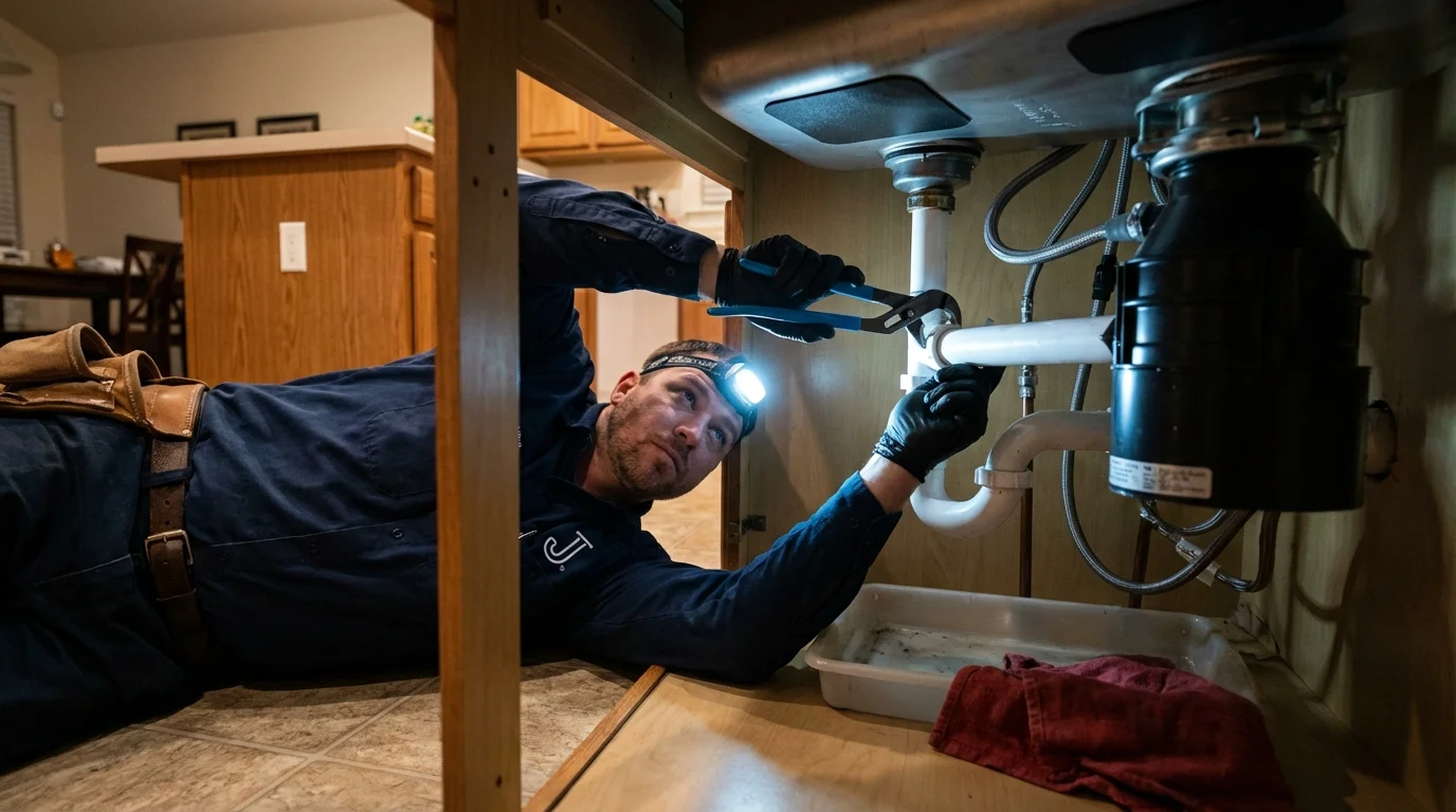 P-trap and supply line connections under a kitchen sink showing a common leak point in McKeesport, PA